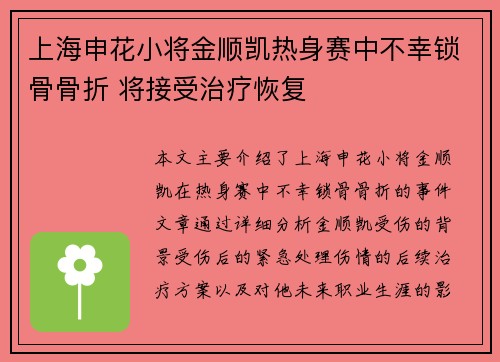 上海申花小将金顺凯热身赛中不幸锁骨骨折 将接受治疗恢复