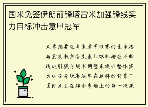 国米免签伊朗前锋塔雷米加强锋线实力目标冲击意甲冠军
